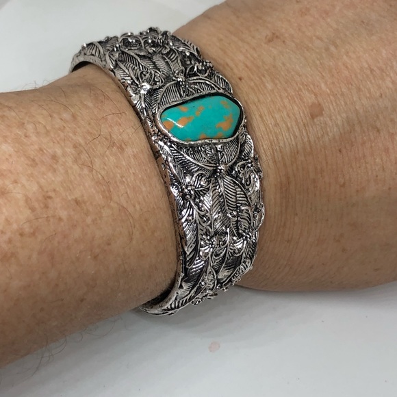 Tibetan Silver Wide Cuff Bracelet with Turquoise - Picture 9 of 11